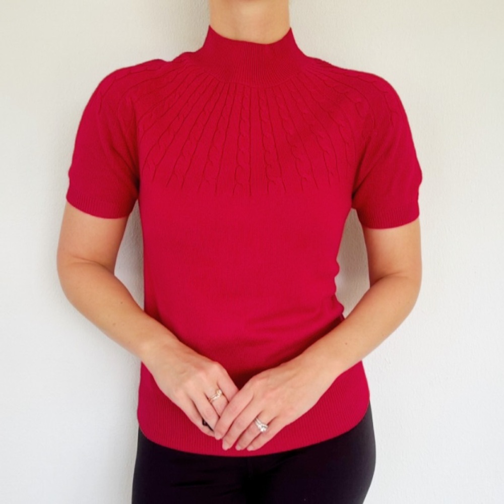 SAG HARBOR red mock neck short sleeve cable knit accent sweater top size small